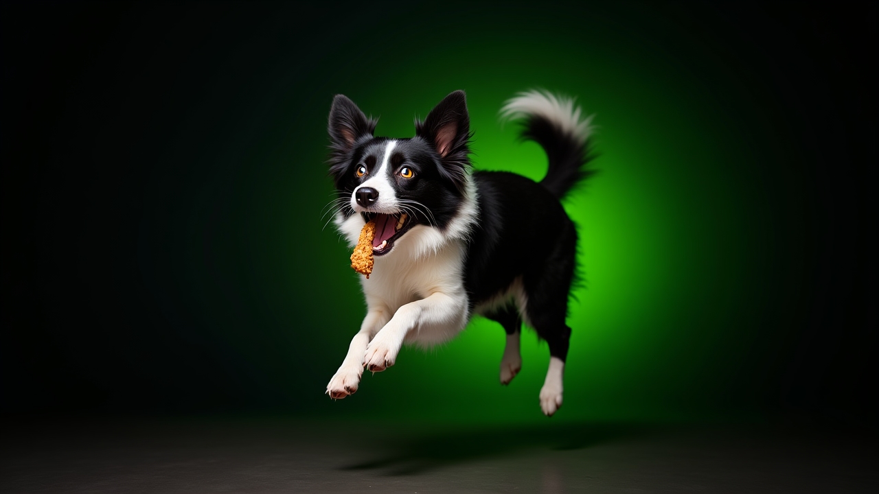 Border Collie mid-leap catching a gourmet treat