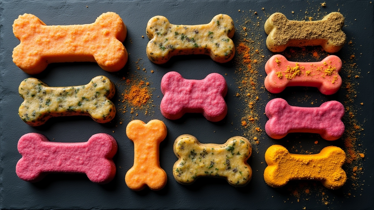 Artfully arranged gourmet dog treats on a slate board